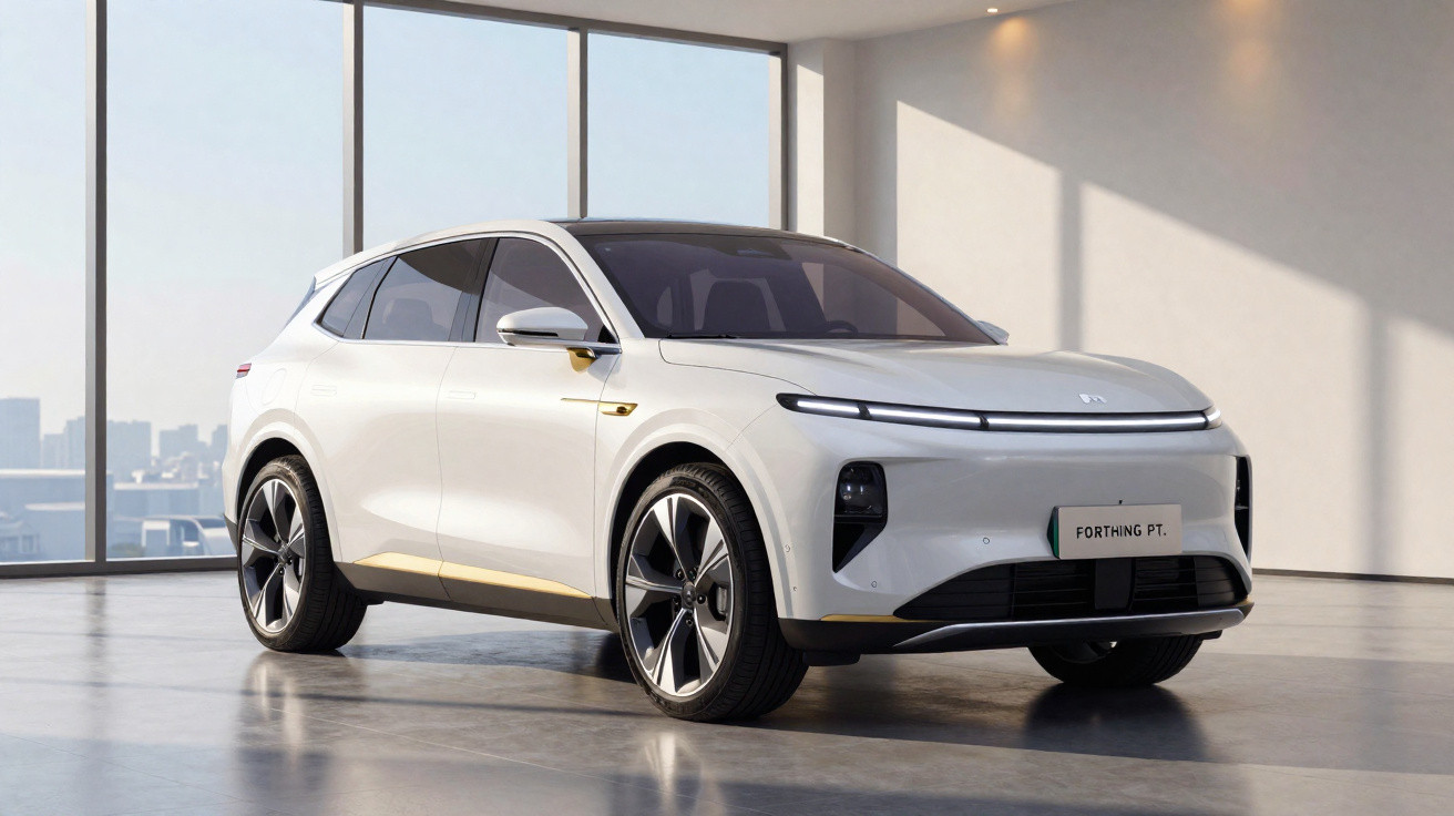 Carro elétrico branco estacionado em ambiente interno com janelas grandes ao fundo e iluminação natural.