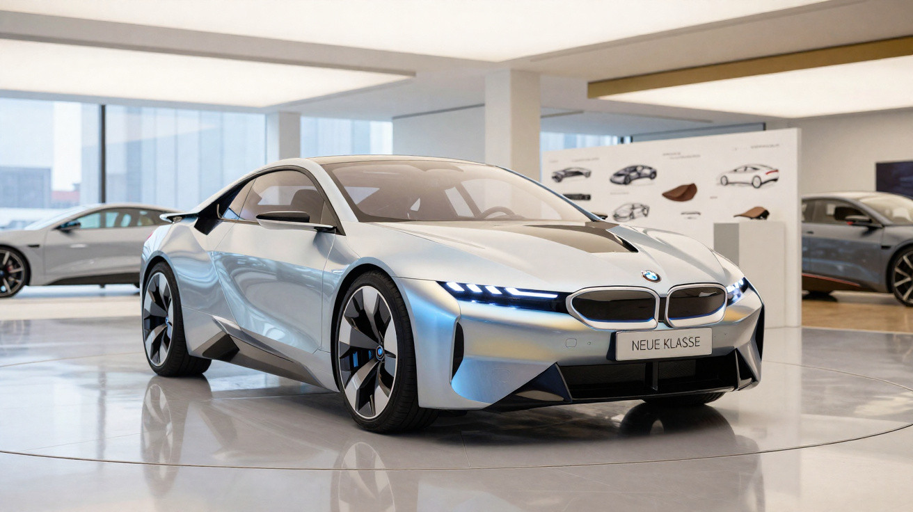 Carro esportivo BMW prata com design futurista exibido em showroom moderno e iluminado.