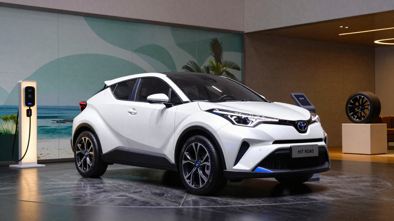 Carro elétrico branco Toyota C-HR estacionado em ambiente interno moderno com estação de recarga ao lado.