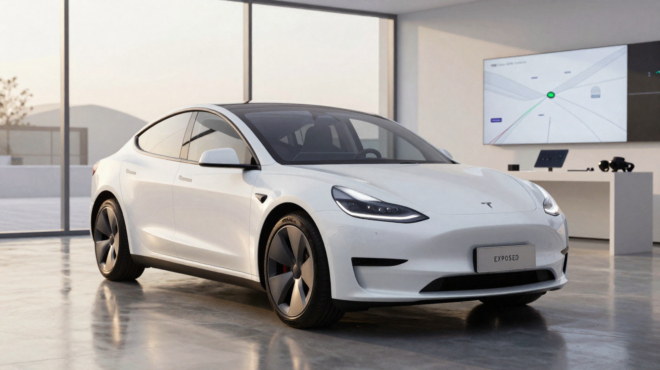 Carro elétrico Tesla branco estacionado em ambiente interno moderno e iluminado pela luz natural.