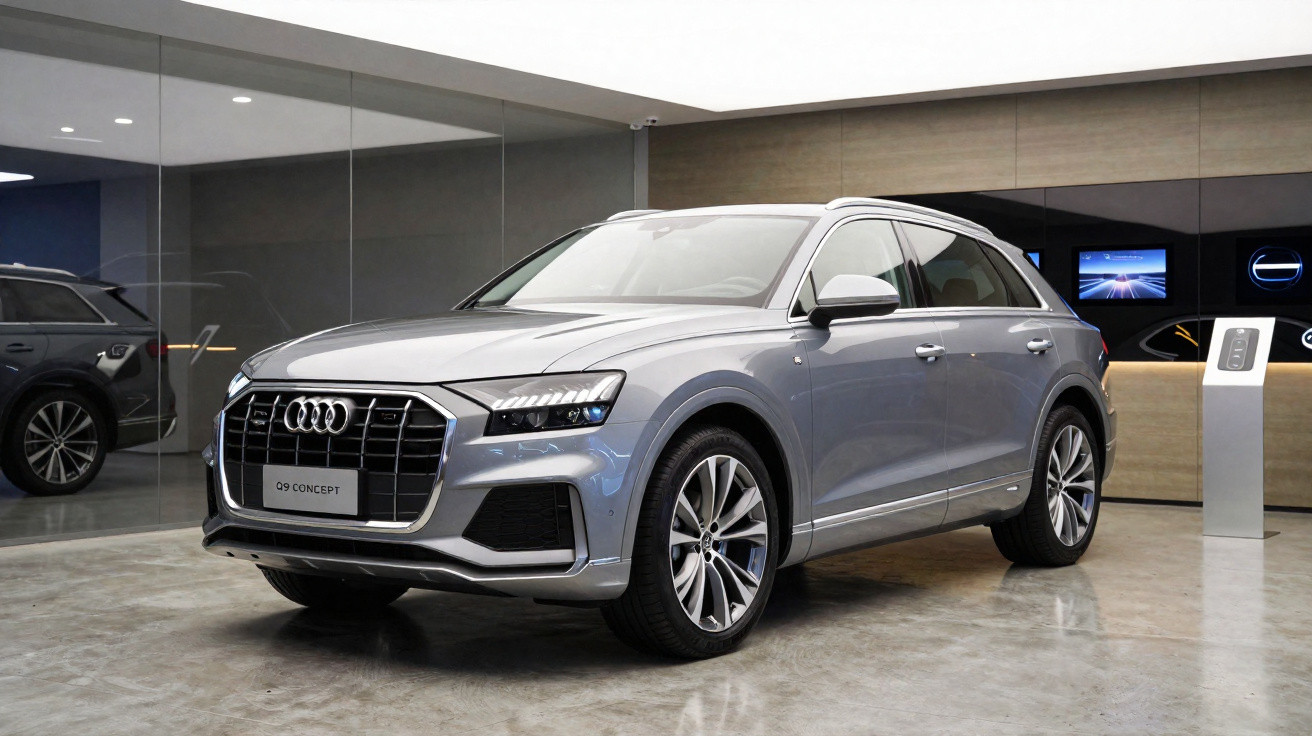 Audi Q9 Concept cinza estacionado em garagem moderna com piso de concreto e paredes de vidro.