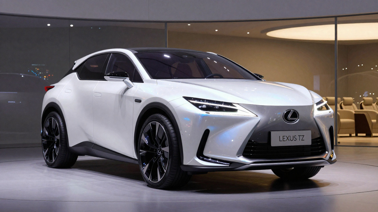 Carro branco Lexus TZ exibido em salão, com design moderno e rodas pretas grandes.