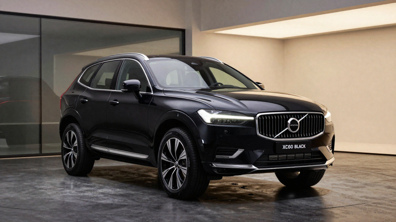 Carro SUV Volvo XC60 preto estacionado em ambiente interno moderno com piso cinza e paredes claras.