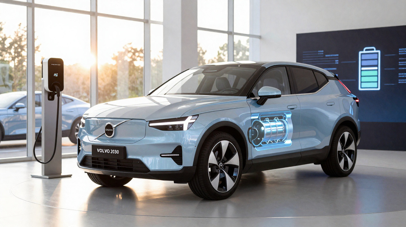 Carro elétrico Volvo 2030 azul claro em exibição junto a estação de recarga em ambiente moderno.