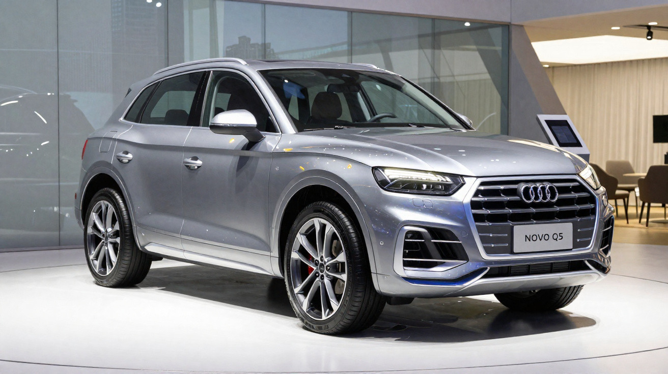Carro Audi Q5 cinza estacionado em ambiente interno com design moderno e elegante.