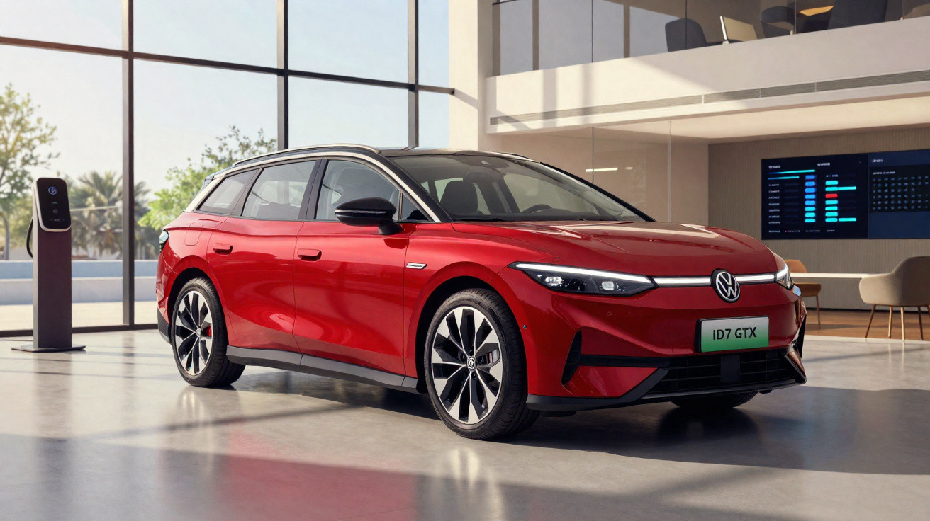 Carro elétrico vermelho Volkswagen ID.7 GTX estacionado em ambiente moderno com carregador elétrico ao lado.