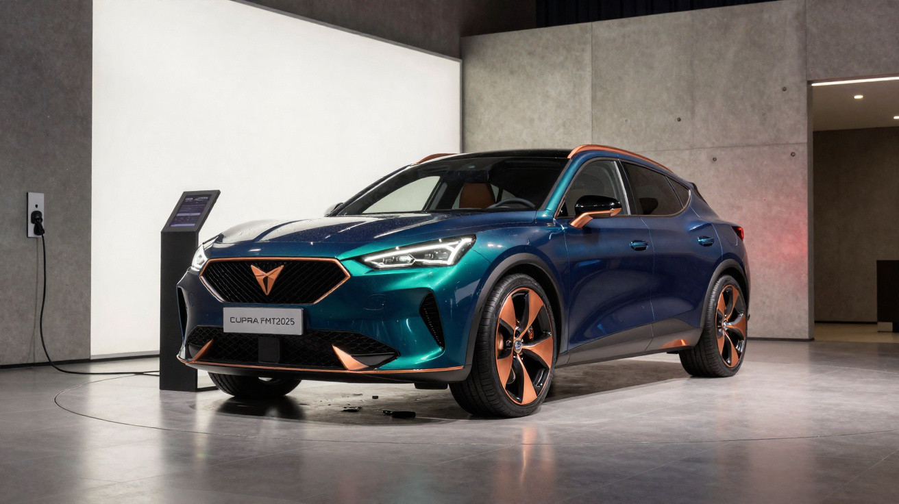 Carro elétrico azul e cobre modelo CUPRA TMT2025 em showroom moderno com parede cinza e iluminação branca.