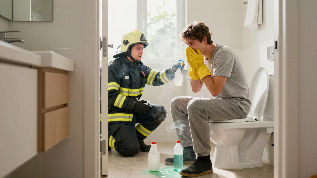 Bombeiro usando bomba pulverizadora ajuda homem com luvas amarelas sentado no vaso sanitário em banheiro.