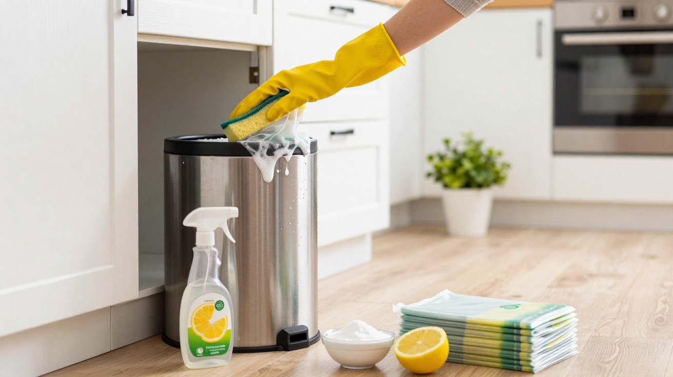 Mão com luva amarela limpando lata de lixo com esponja, spray, limão cortado e panos no chão da cozinha.