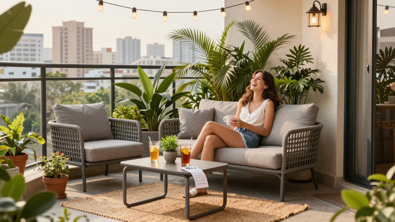 Mulher sorrindo sentada em sofá na varanda decorada com plantas e luzes, bebida na mão e copos na mesa.