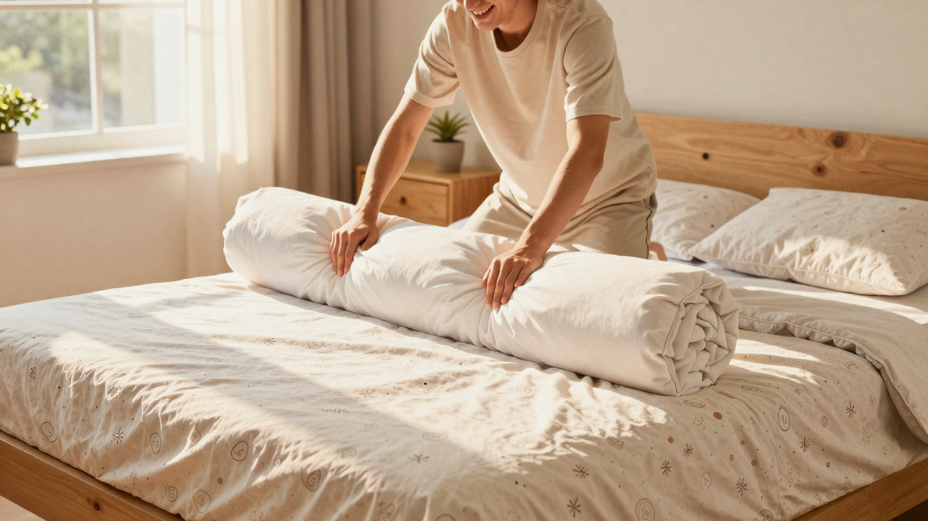 Pessoa enrolando um edredom branco em cama com roupa de cama clara em quarto iluminado pelo sol.