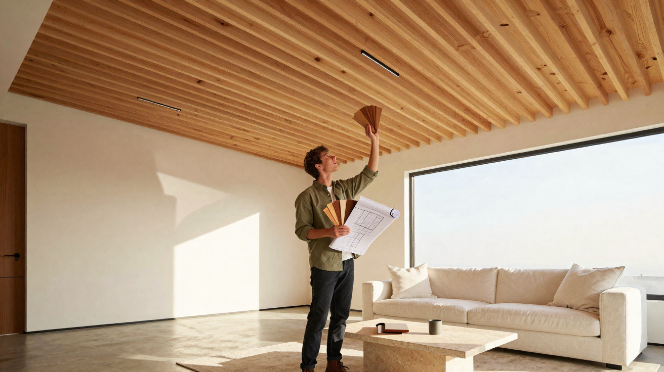 Homem segurando amostras de madeira e planta de casa em ambiente moderno com sofá e teto de madeira.