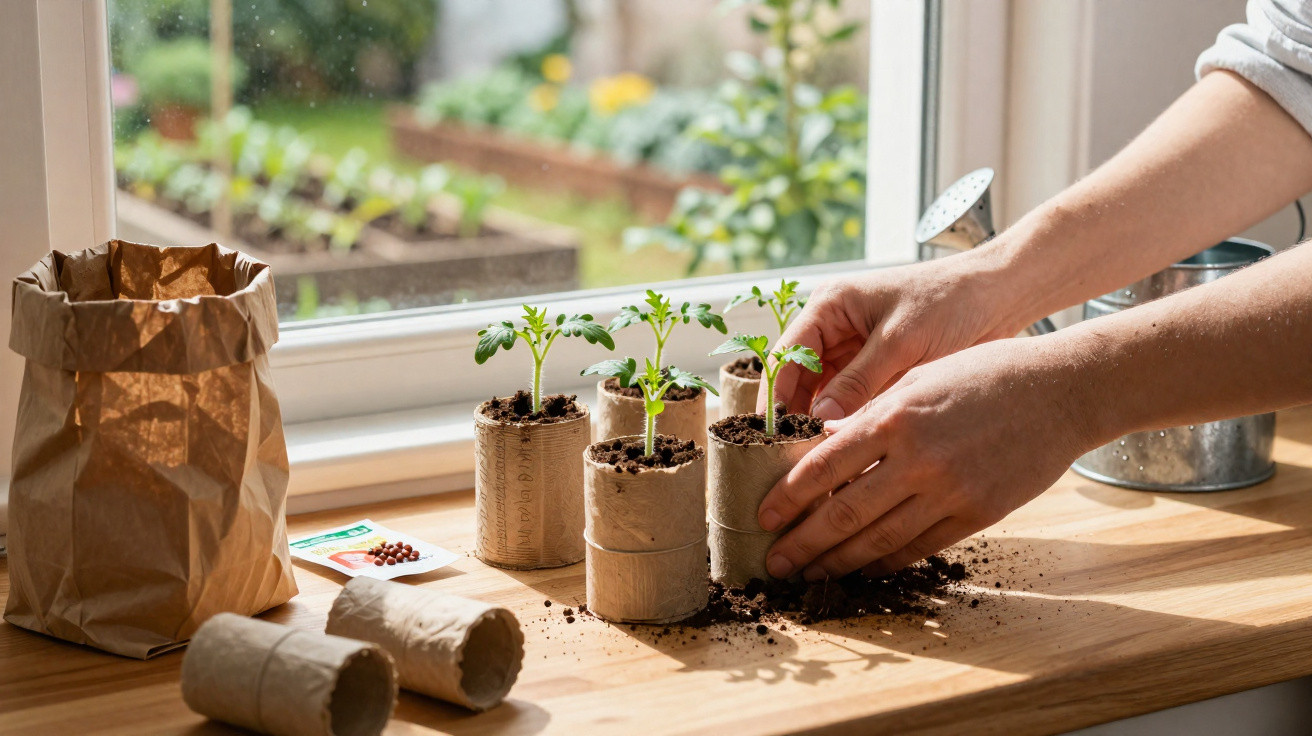 Mãos cuidando de mudas de plantas em pequenos vasos feitos com papelão, perto da janela.