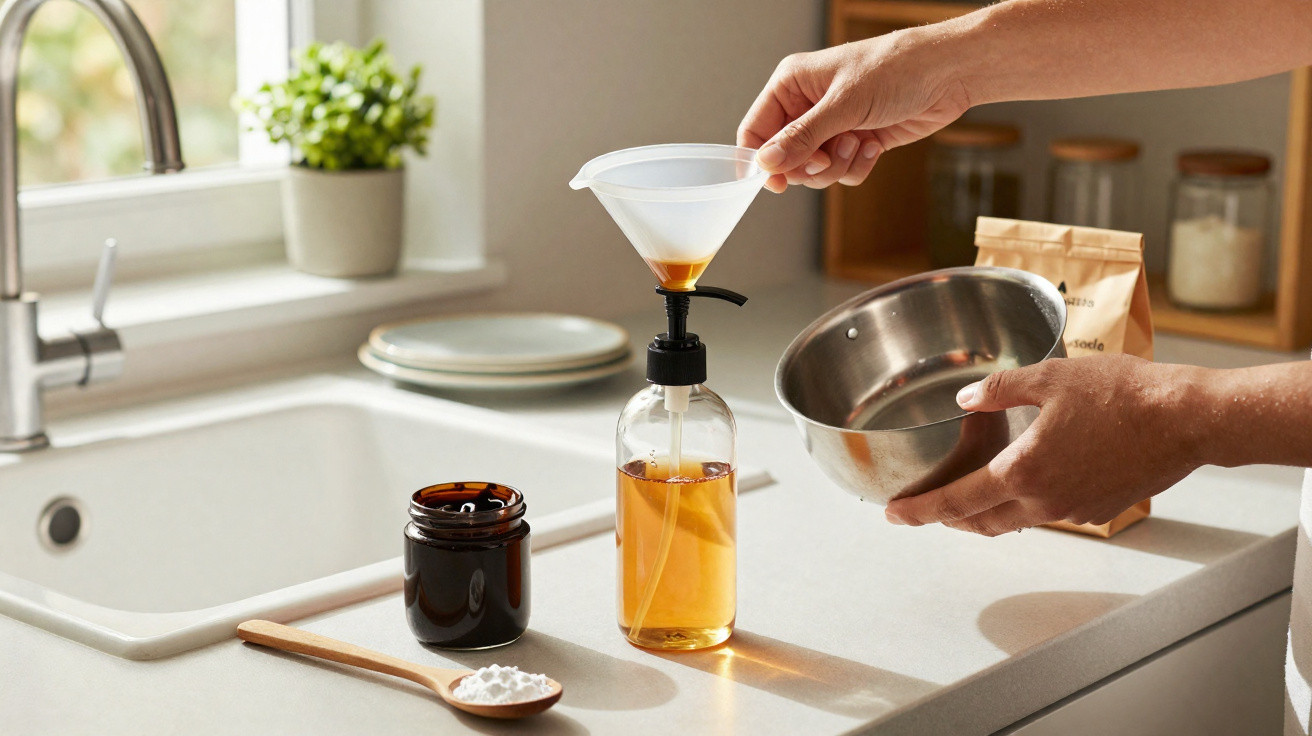 Pessoa usando funil para transferir líquido amarelo em frasco com bomba na cozinha clara.