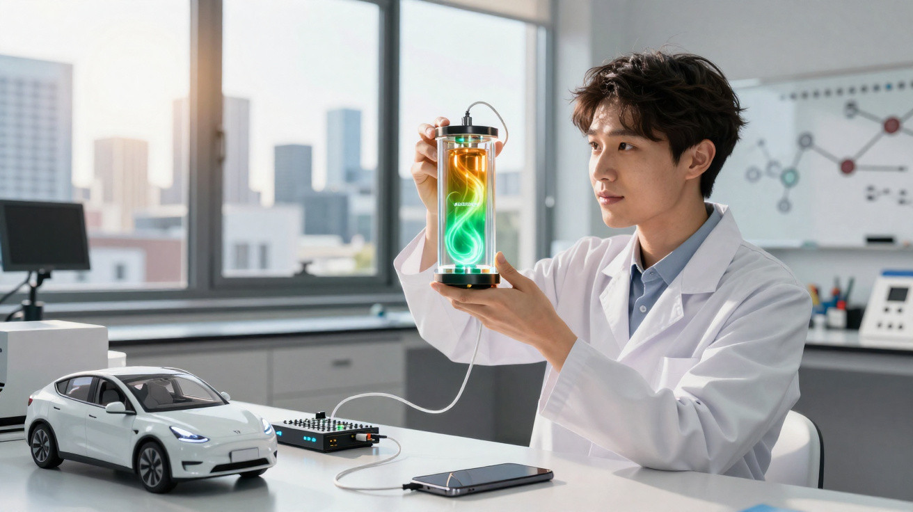 Jovem cientista com jaleco segura dispositivo luminoso colorido em laboratório moderno com carro elétrico em miniatura.