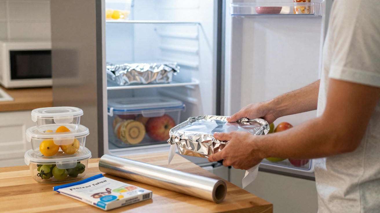 Pessoa colocando comida coberta com papel alumínio na geladeira em cozinha moderna.