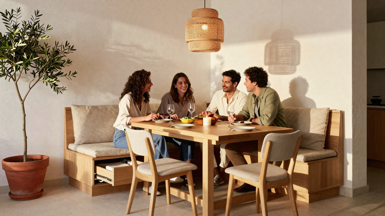 Quatro amigos felizes conversam e bebem vinho em sala iluminada com móveis de madeira clara.