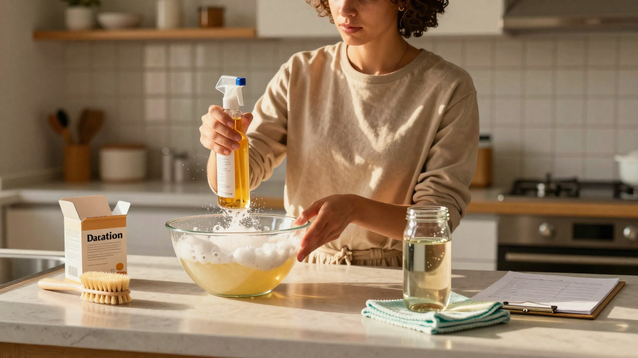 Pessoa borrifando líquido amarelo em uma tigela com espuma na cozinha iluminada pelo sol.