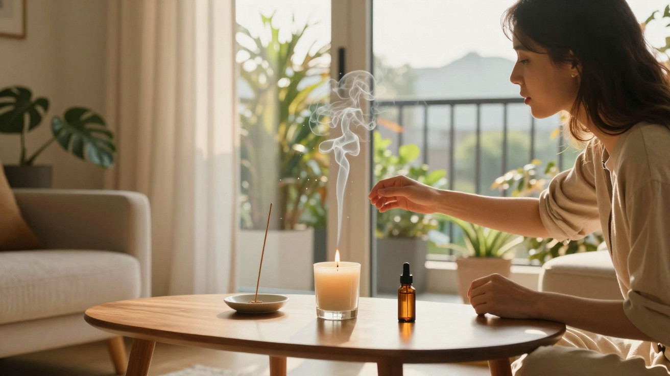 Mulher acendendo incenso ao lado de vela e frasco sobre mesa em sala com plantas iluminada pela luz natural.