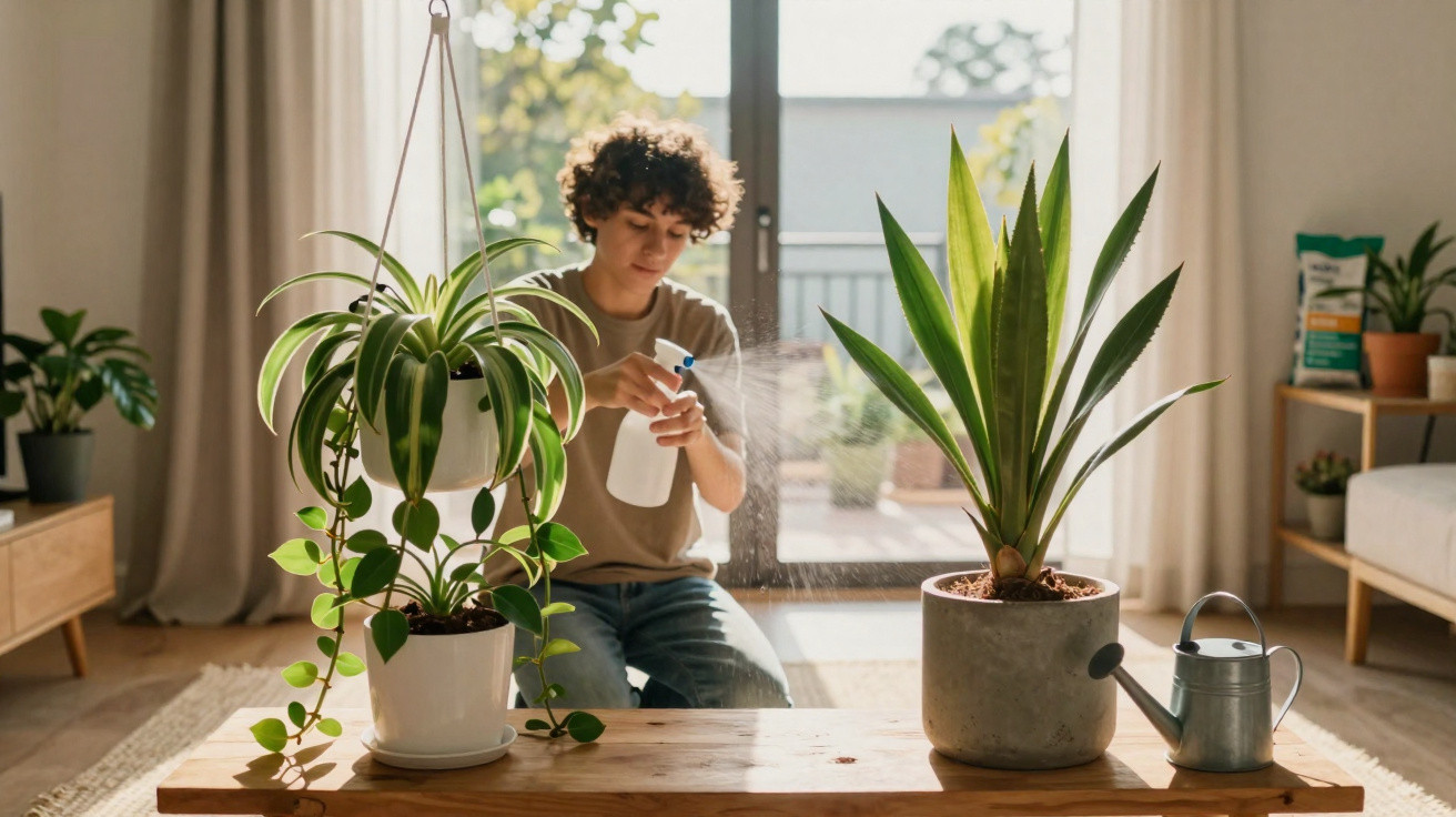 Pessoa borrifando água em plantas de vaso em sala iluminada por luz natural em dia ensolarado.