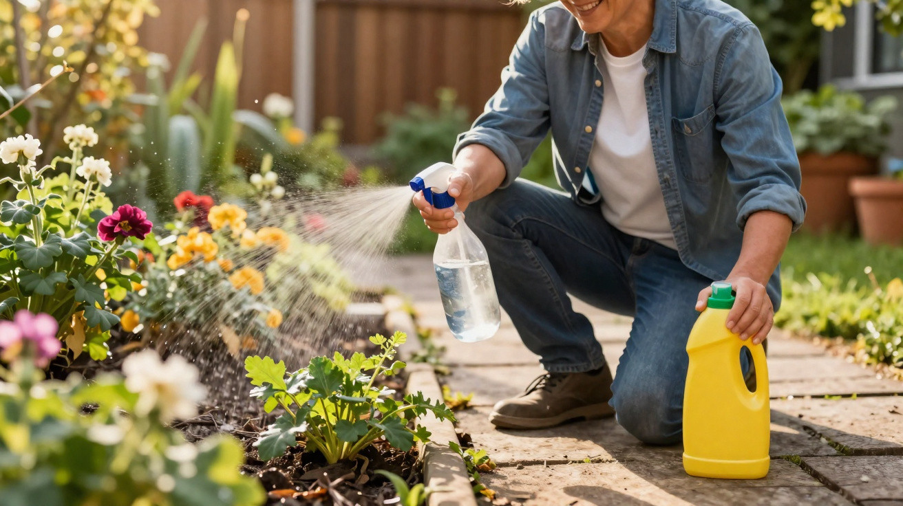 Pessoa sorridente aplica pesticida com borrifador em plantas floridas num jardim ensolarado.