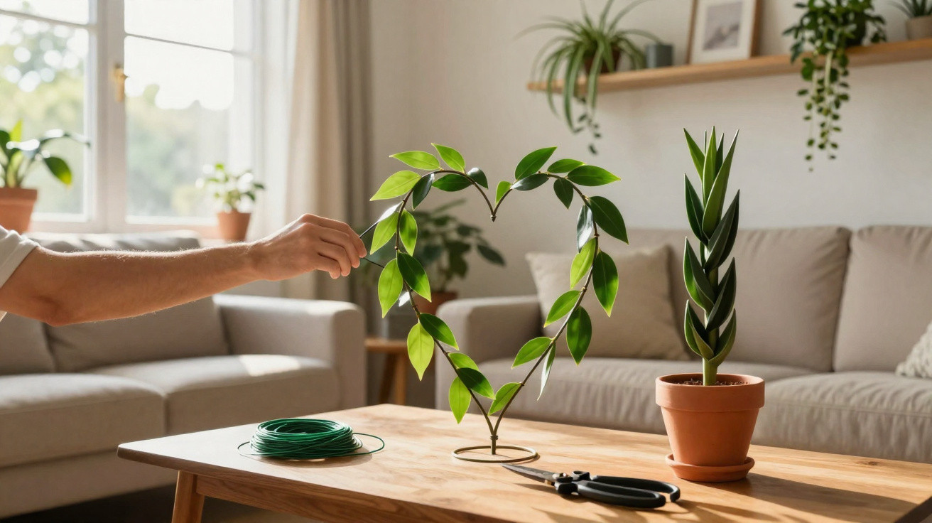 Mão ajustando planta em formato de coração em suporte sobre mesa de madeira em sala iluminada.