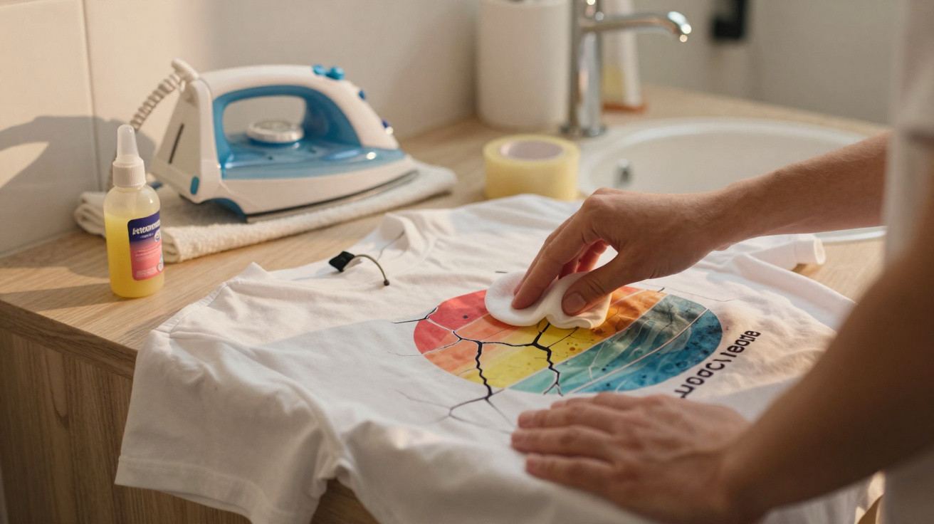 Pessoa aplicando removedor de manchas em camiseta branca com estampa colorida sobre mesa de madeira.