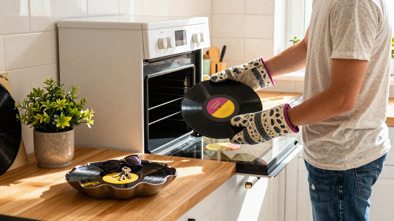 Pessoa usando luvas de forno coloca disco de vinil em forno na cozinha iluminada pelo sol