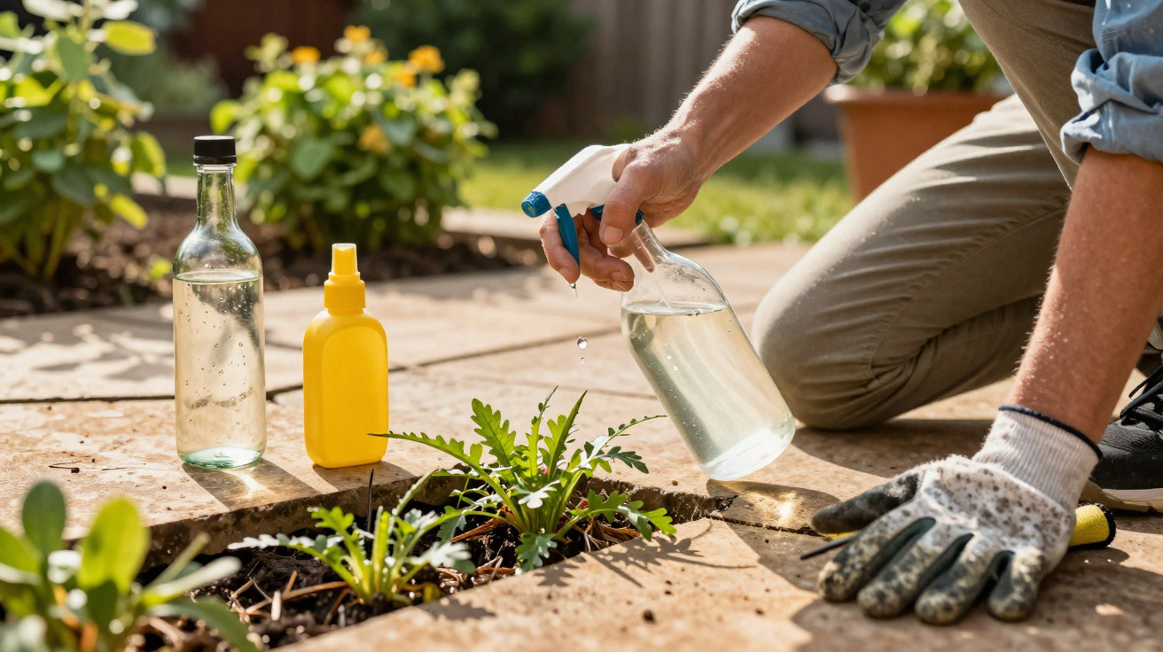 Pessoa regando plantas em jardim usando borrifador enquanto está ajoelhada com luvas de jardinagem.
