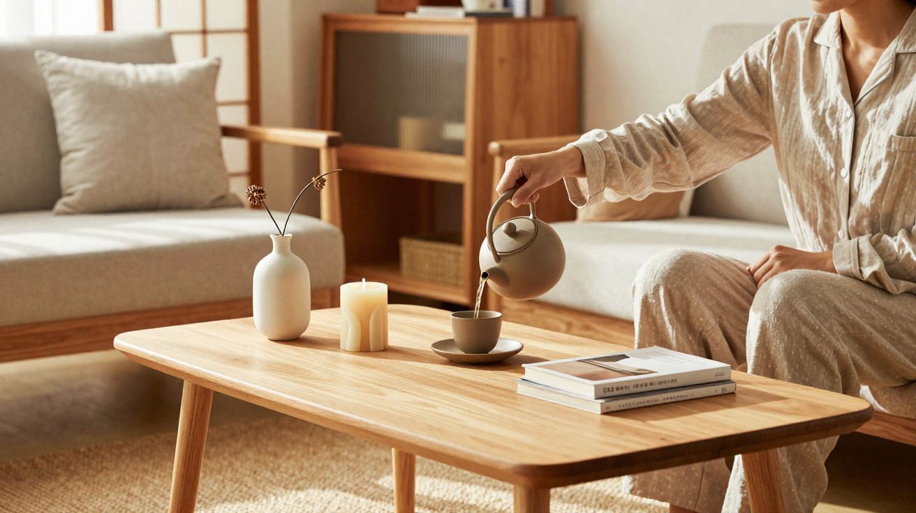Pessoa em pijama servindo chá em xícara sobre mesa de madeira com vela, vaso e livros em sala aconchegante.