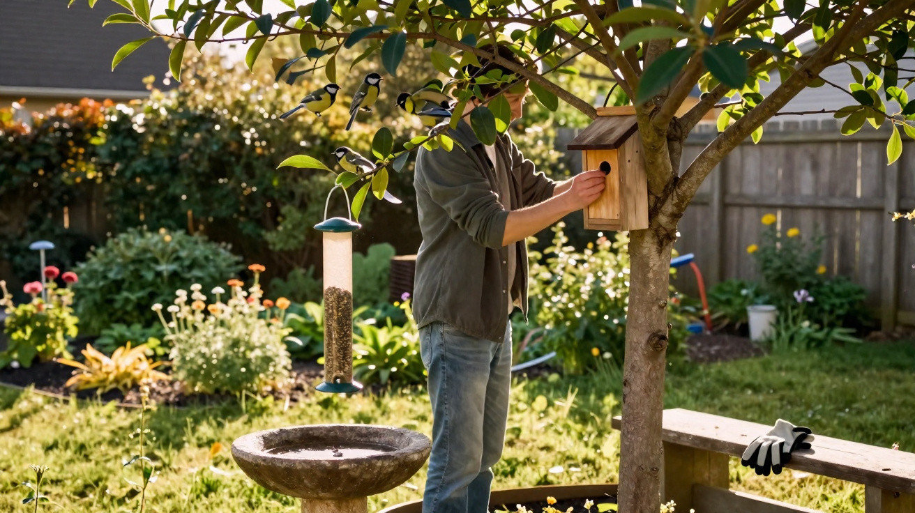 Pessoa ajustando casinha de pássaros em árvore no jardim ensolarado com comedouro de aves próximo.