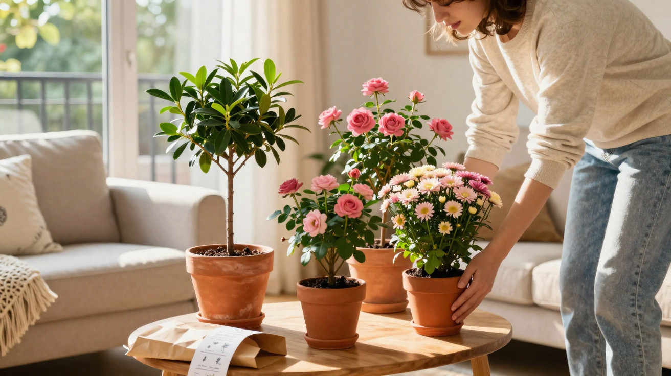 Mulher arrumando vasos com flores e plantas em mesa de madeira em sala iluminada e aconchegante.