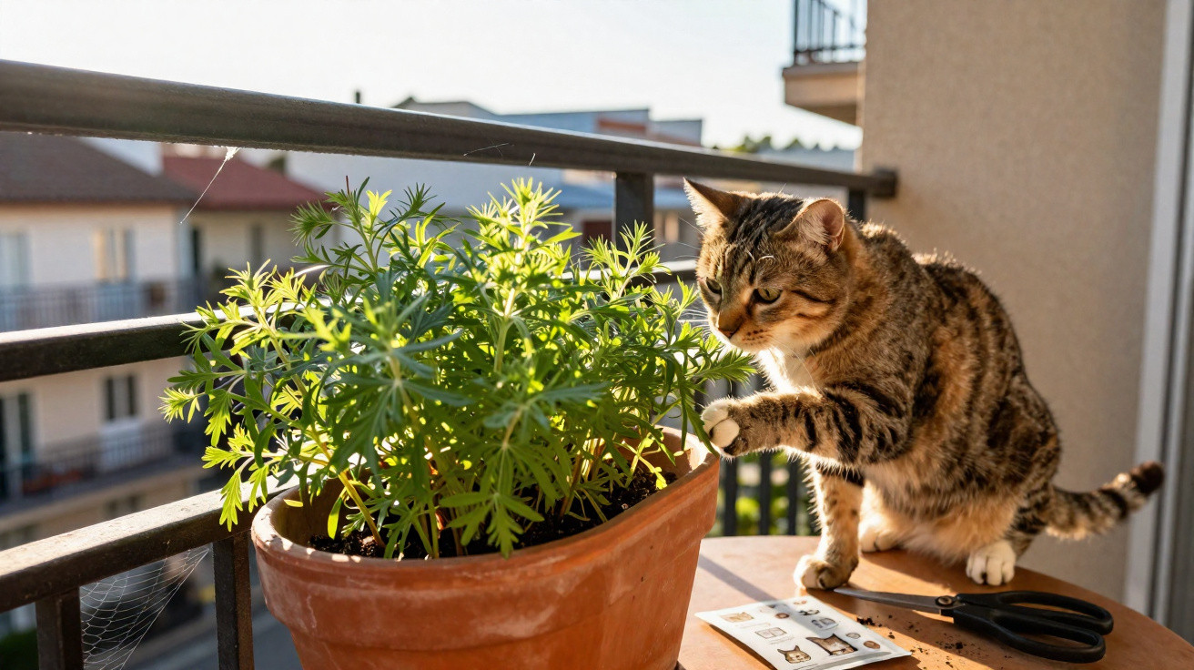 Gato tocando planta em vaso de cerâmica sobre mesa em varanda ensolarada de apartamento.