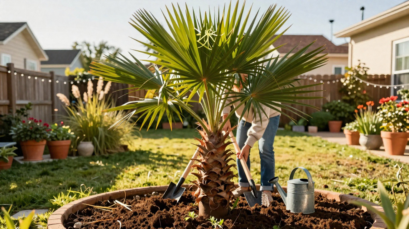 Pessoa plantando palmeira em canteiro circular no jardim de casa durante o dia ensolarado.