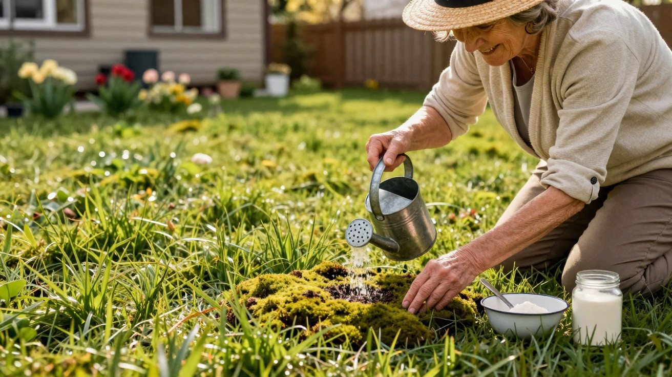 Mulher idosa com chapéu regando plantas em jardim gramado em dia ensolarado.