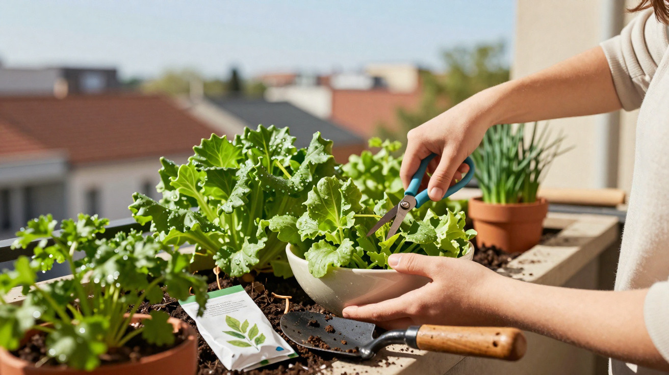 Pessoa colhendo folhas verdes em vaso de plantas em varanda ensolarada com tesoura e pá de jardim.
