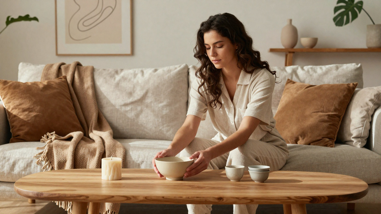 Mulher sentada ajustando tigela sobre mesa de madeira em sala de estar com decoração neutra e aconchegante.