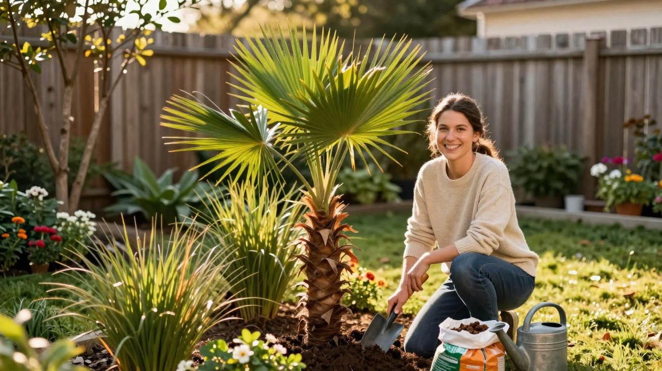 Mulher sorridente cuidando de jardim com pá, regador e plantas em quintal ensolarado cercado por cerca de madeira.