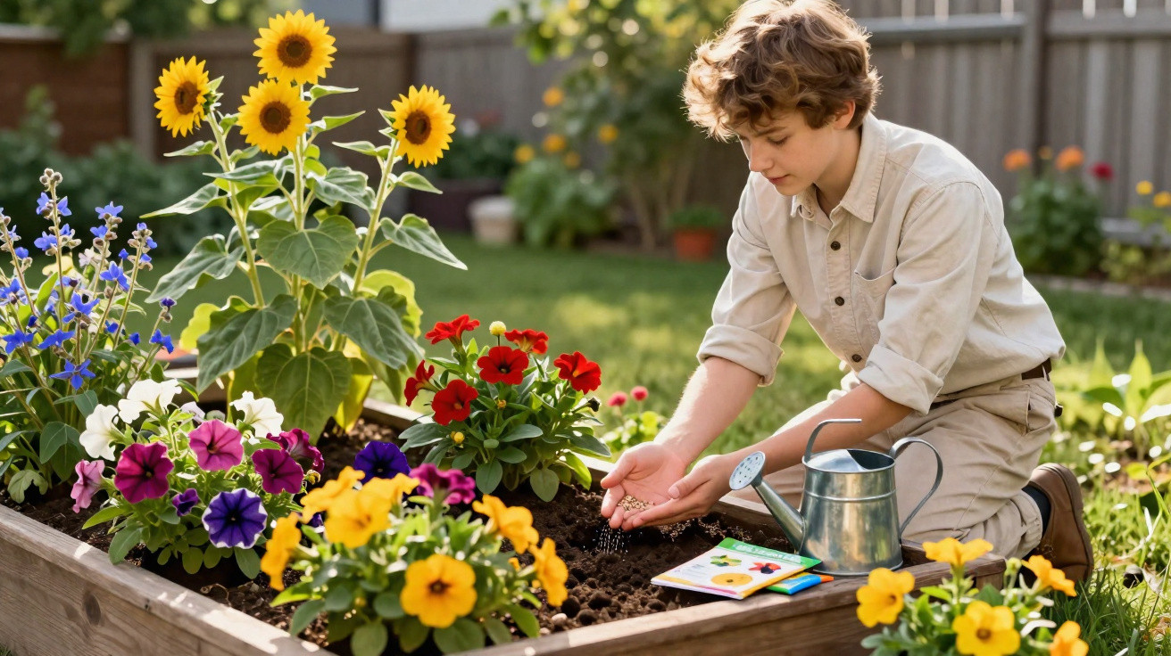 Menino plantando sementes em jardim com flores coloridas, regador metálico e grama ao fundo.