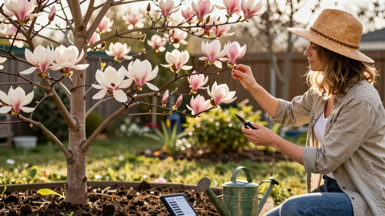 Mulher com chapéu cuidando de magnólias cor de rosa em jardim ensolarado, com regador ao lado.