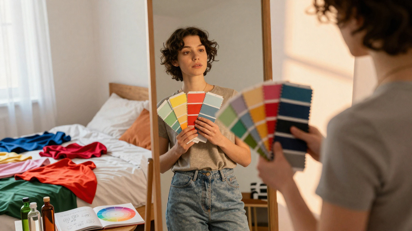 Mulher segura amostras de cores em frente ao espelho, com roupas coloridas sobre a cama ao fundo.