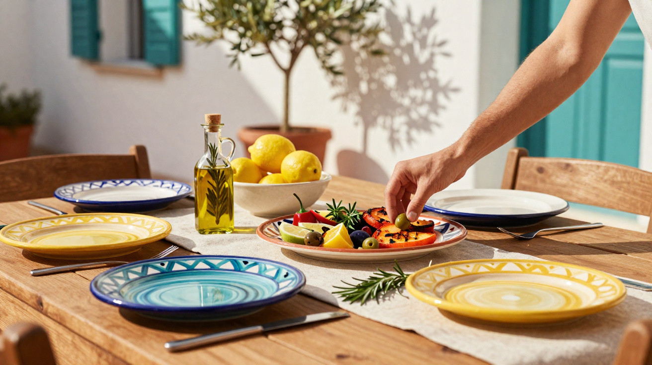 Mesa de madeira ao ar livre com pratos coloridos, frutas, azeite e mão colocando azeitona em petisco.