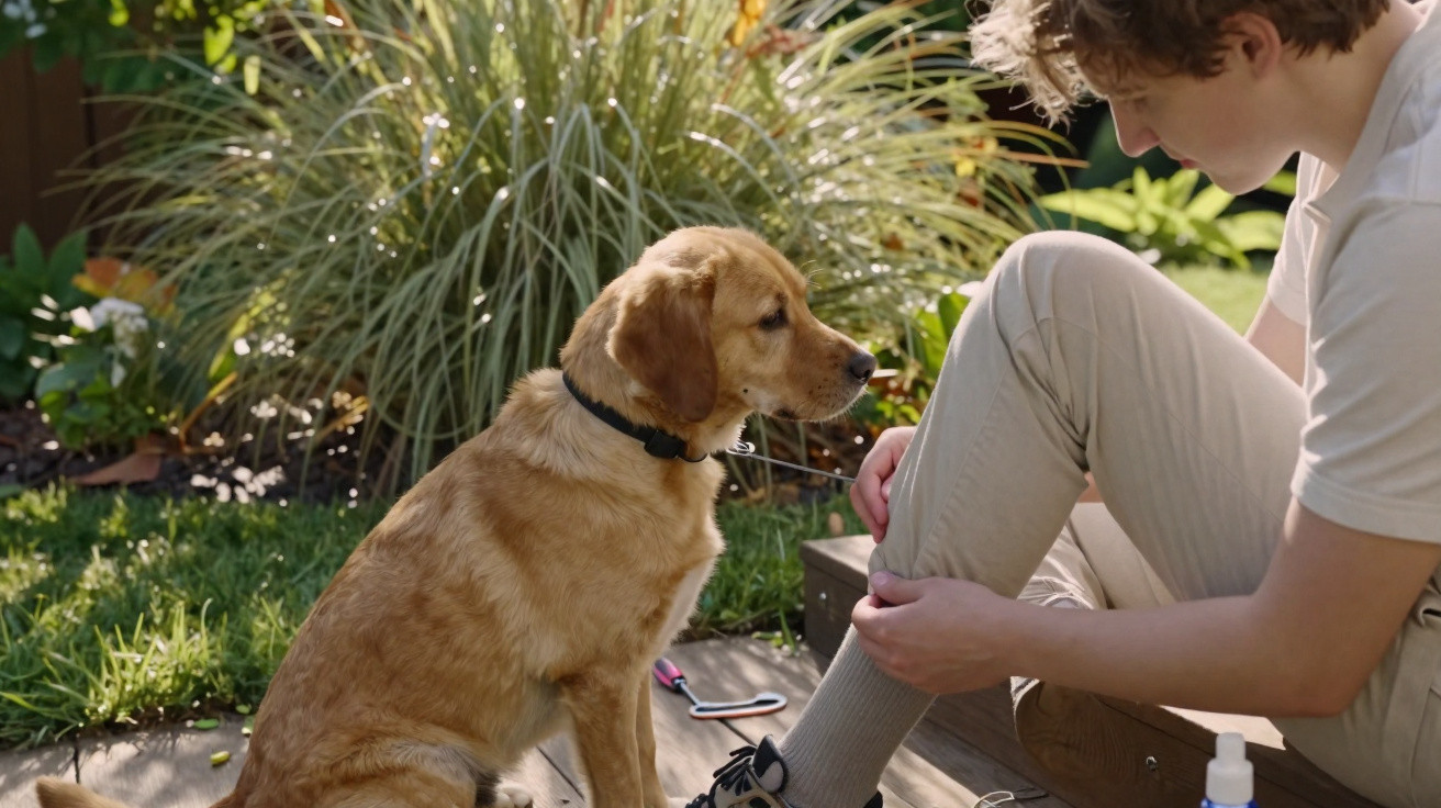 Pessoa sentada no jardim com cachorro dourado olhando atentamente um para o outro.