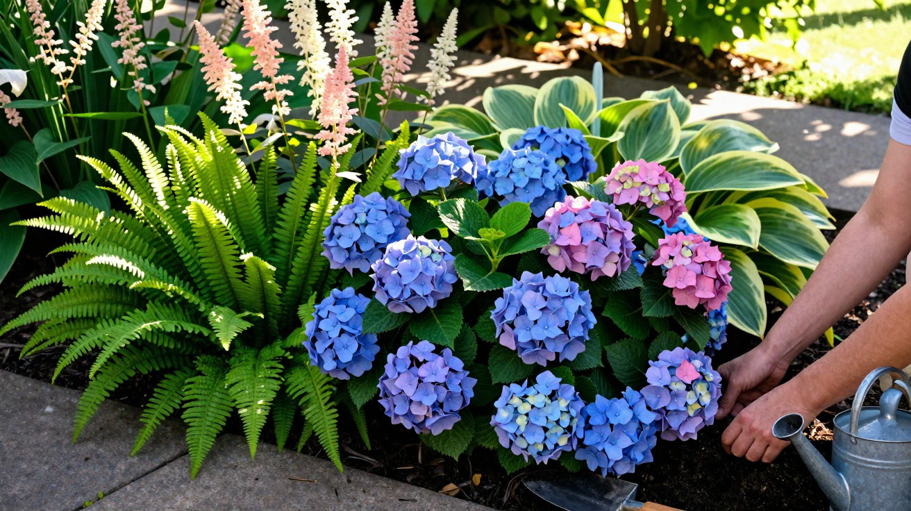 Flores coloridas de hortênsia em jardim rodeadas por samambaia e outras plantas, com pessoa cuidando.