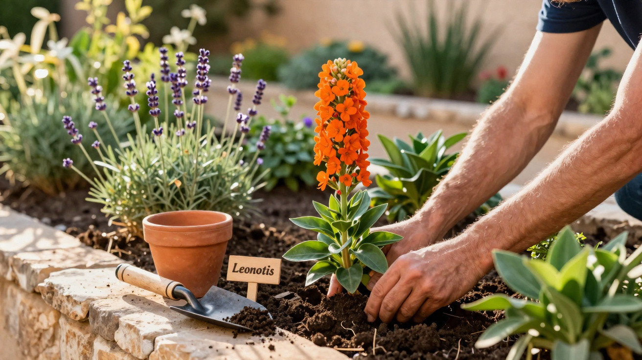 Pessoa plantando flor laranja em jardim com placa identificando Leonotis e ferramentas ao lado.