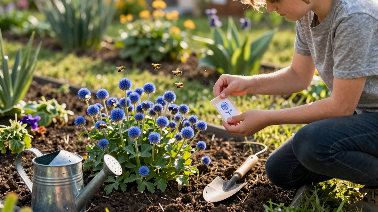 Pessoa com regador e pá cuida de flores azuis em jardim com abelhas voando ao redor.