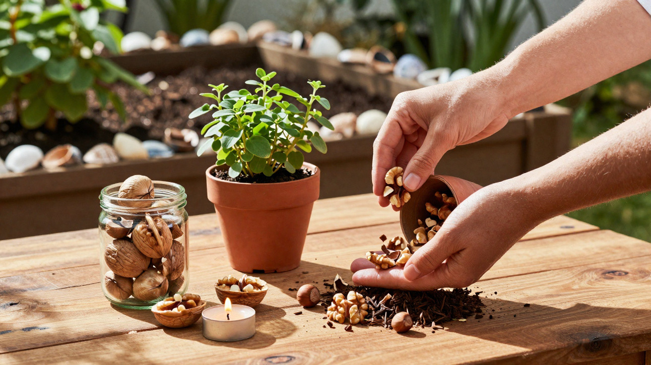 Mãos espalhando sementes e nozes sobre mesa de madeira com vaso de planta, vela e pote ao fundo.