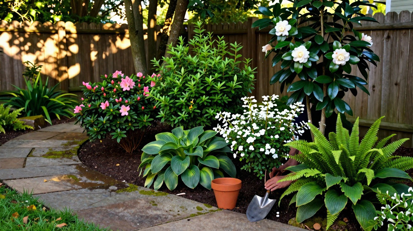Jardim com variedade de plantas e flores ao lado de caminho de pedras, com pessoa plantando flor branca.