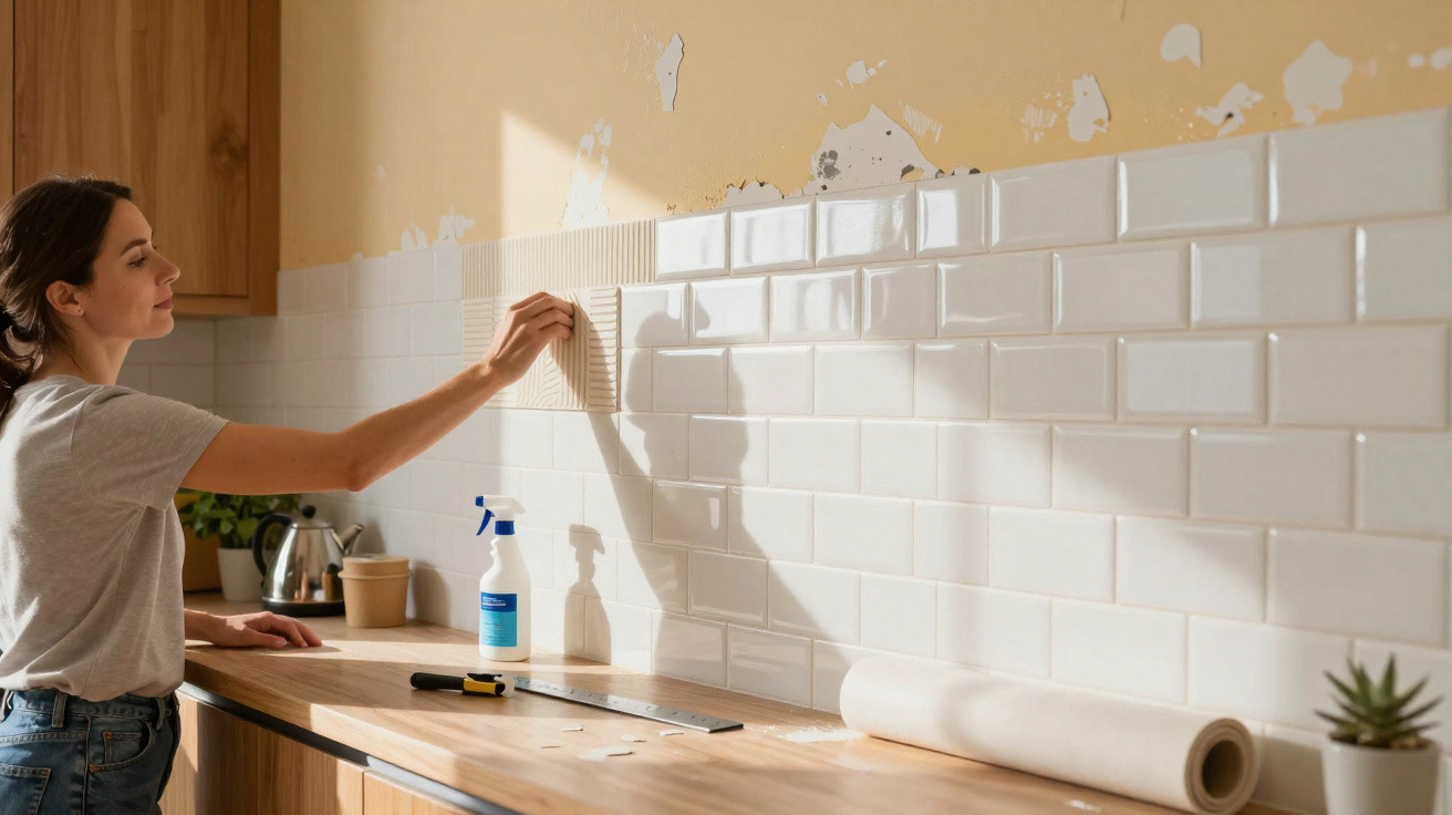 Mulher aplicando adesivo de azulejo branco em parede amarela na cozinha.