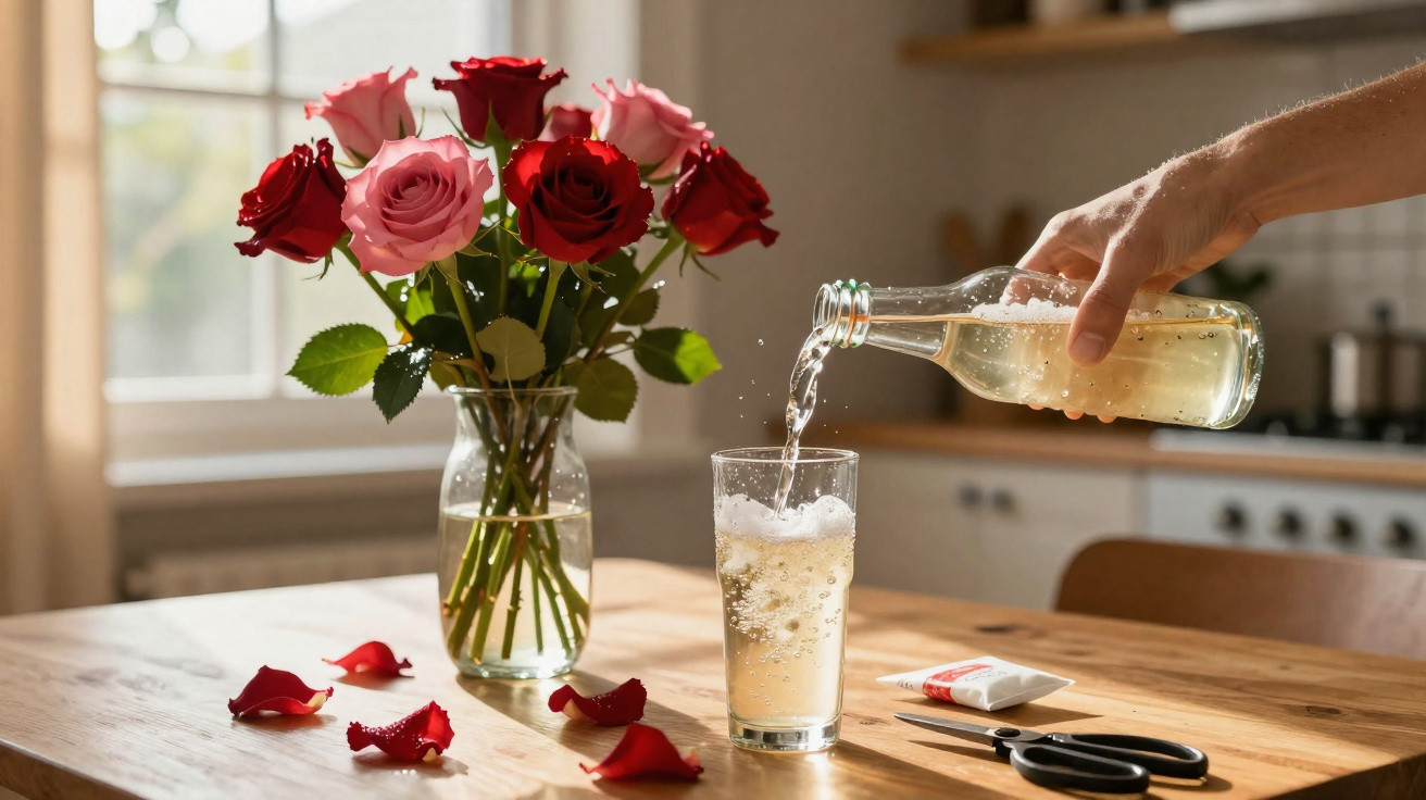 Vaso com rosas vermelhas e rosas sobre mesa de madeira, com mão servindo bebida gaseificada em copo.